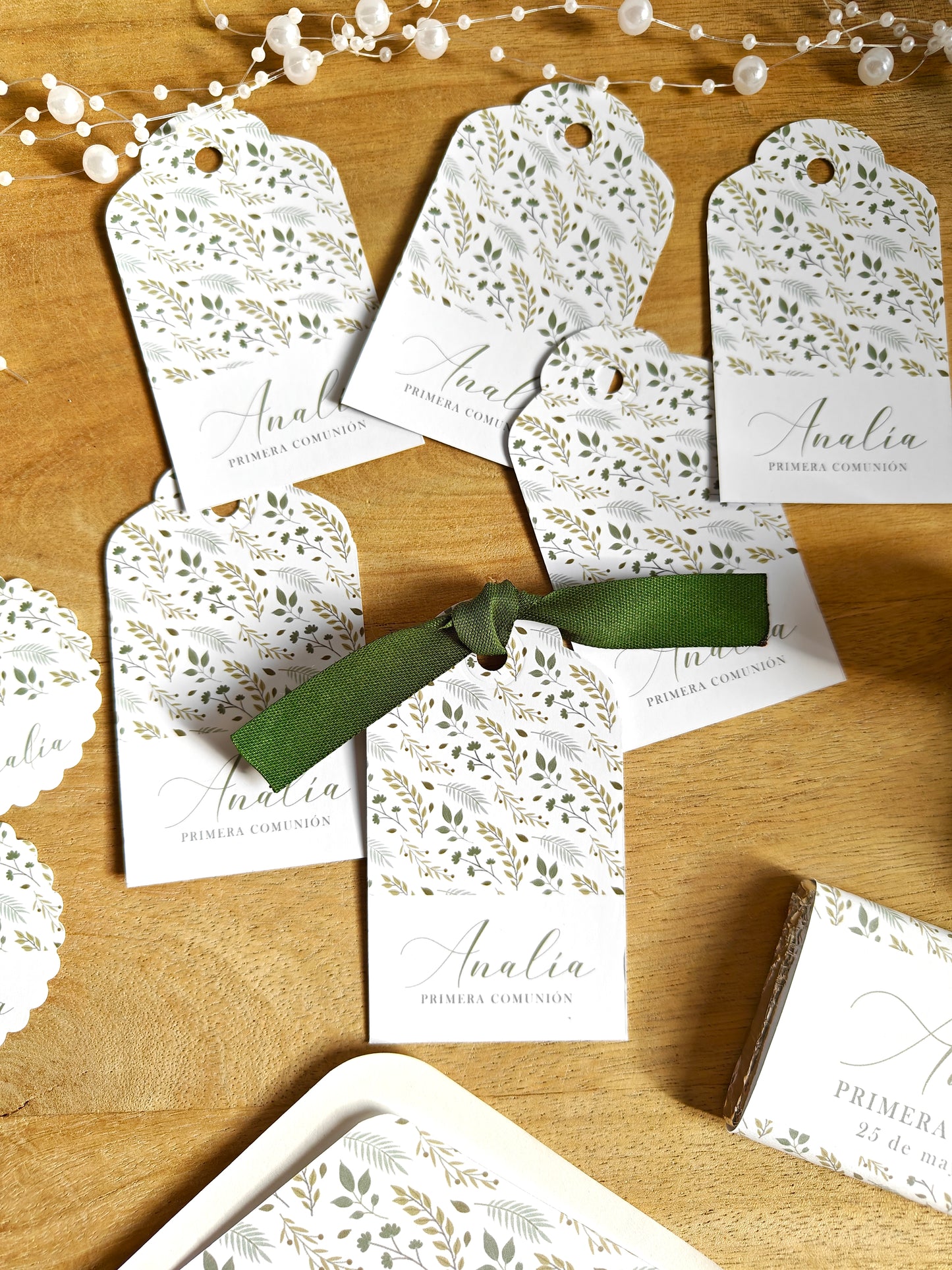 Pack Etiquetas personalizadas Comunión COLECCIÓN FLOWER GREEN