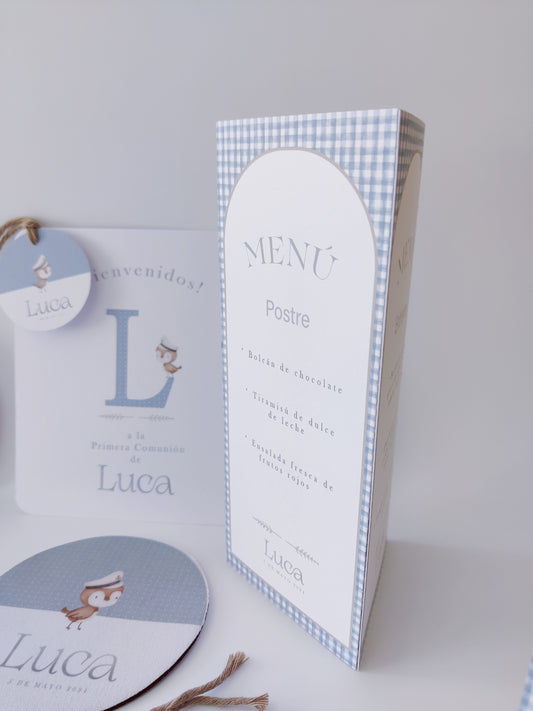 Minuta - Menú para mesa tríptico personalizado Primera Comunión COLECCIÓN INICIAL + Pajarito marinero