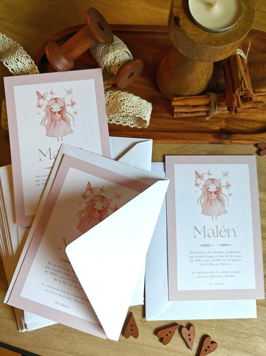 Invitación impresa personalizada Comunión COLECCIÓN BUTTERFLY