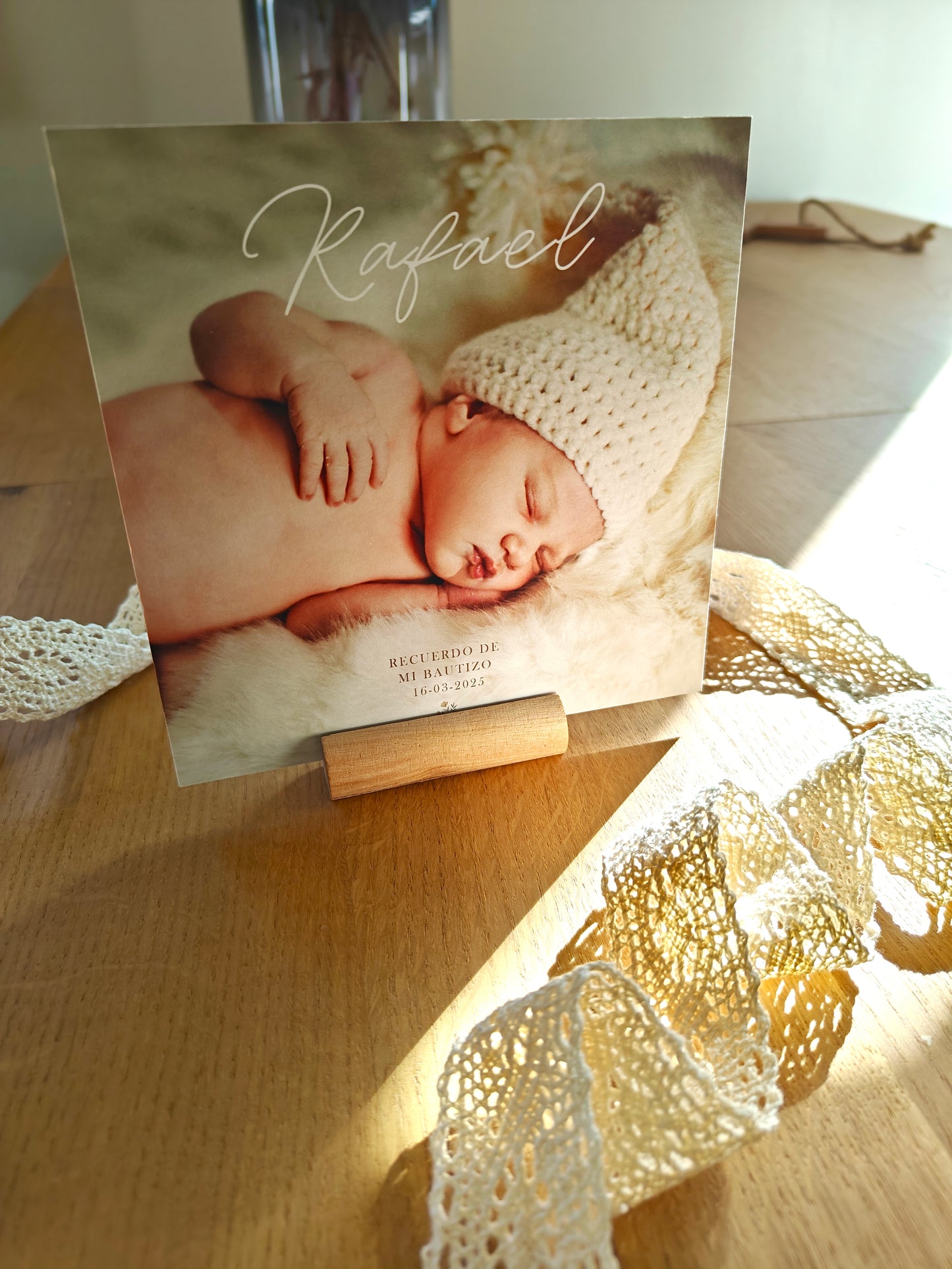 Recordatorio Polaroid con soporte madera, personalizado Bautizo COLECCIÓN BARI