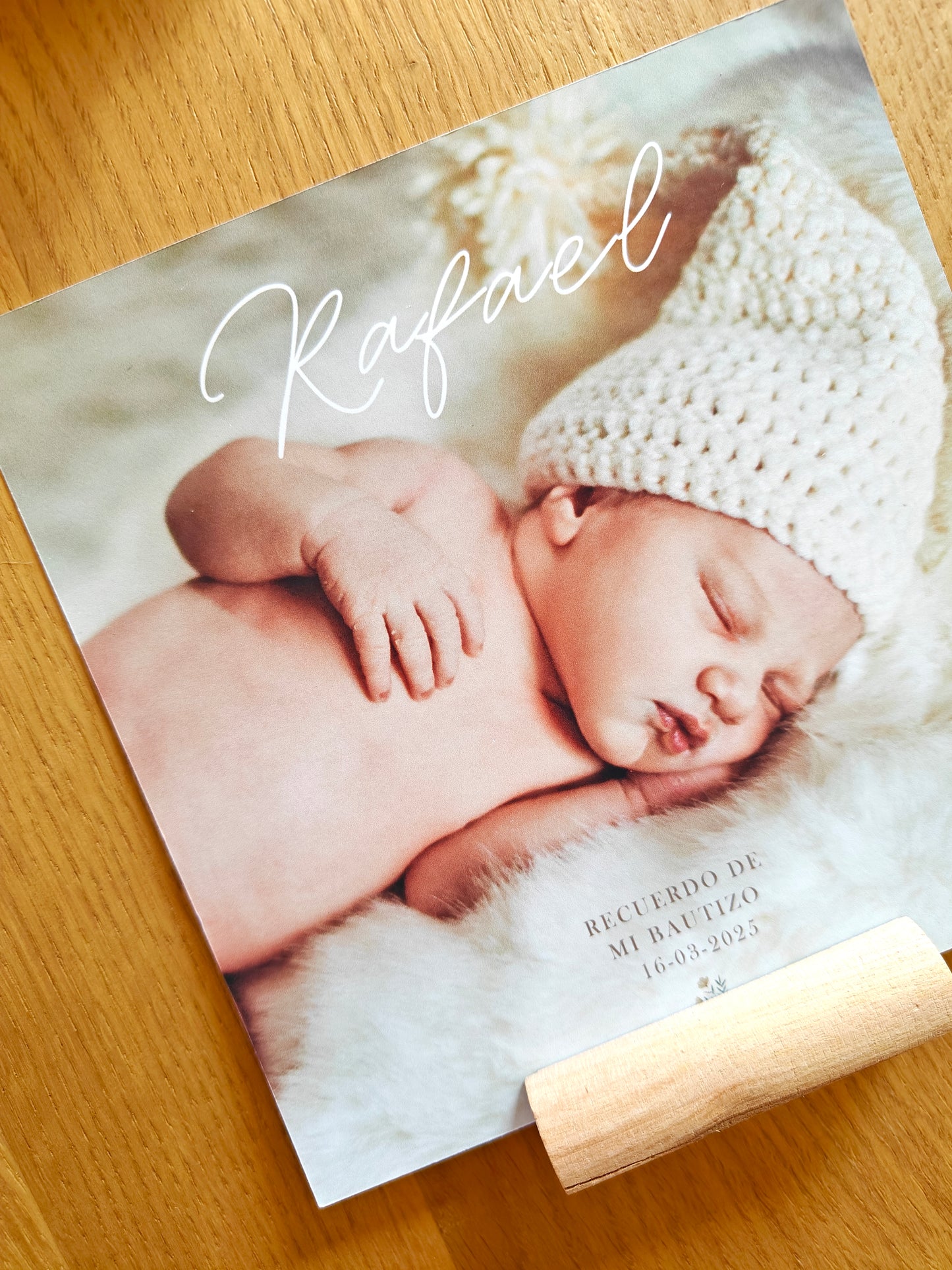 Recordatorio Polaroid con soporte madera, personalizado Bautizo COLECCIÓN BARI