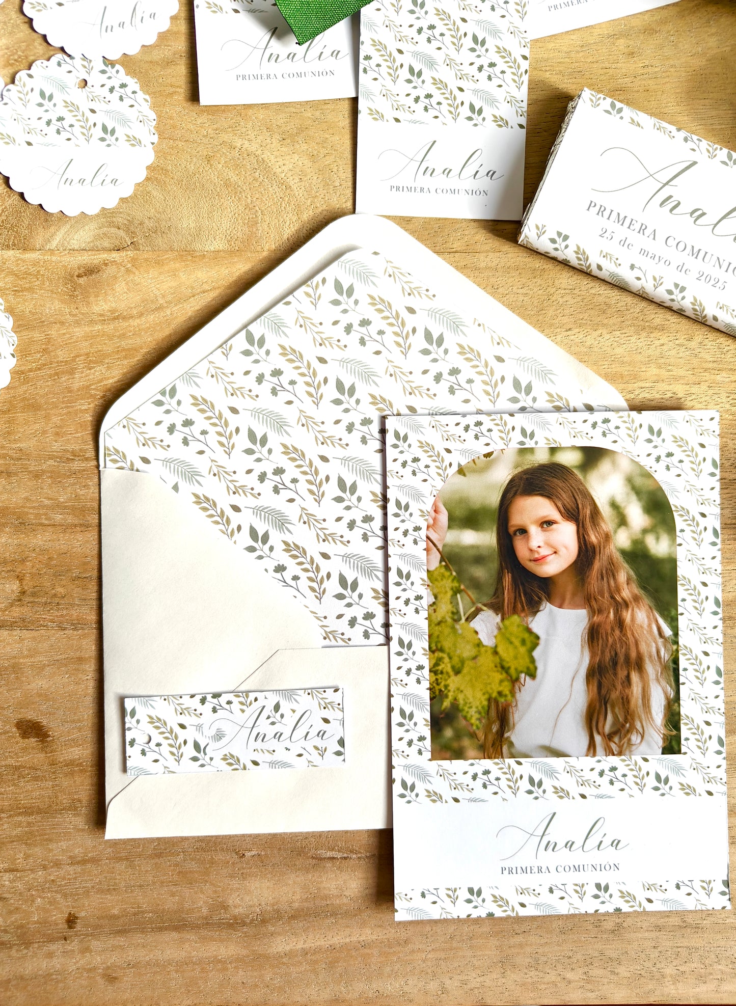 Recordatorio con foto personalizado Comunión COLECCIÓN FLOWER GREEN