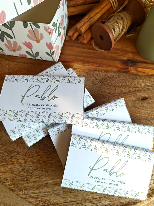 Chocolatina personalizada 20g. Comunión COLECCIÓN HOJITAS