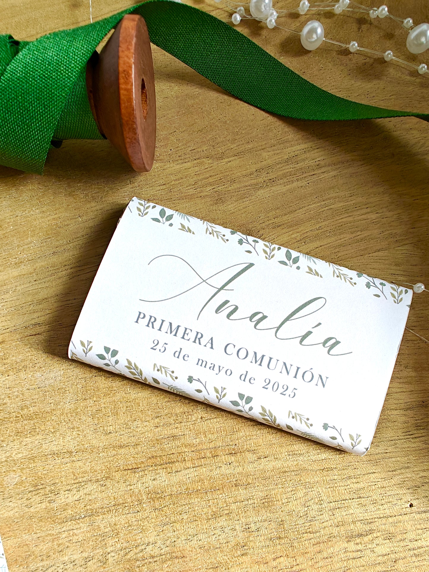 Chocolatina personalizada 20g. Comunión COLECCIÓN FLOWER GREEN