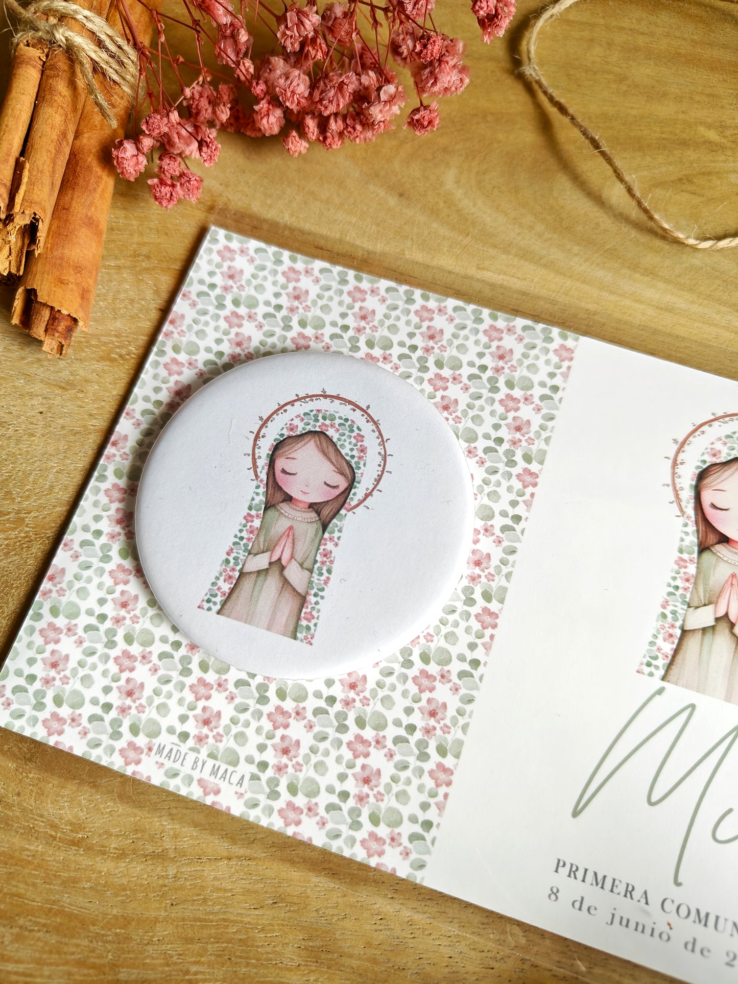 Imán de metal con tarjeta personalizado Comunión COLECCIÓN VIRGENCITA