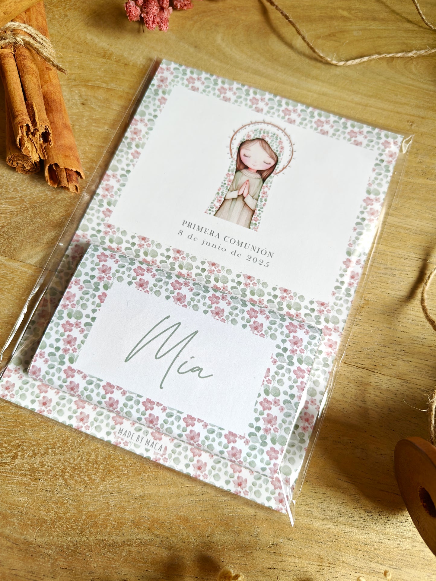 Chocolatina con tarjeta, personalizada 20g. Comunión COLECCION VIRGENCITA