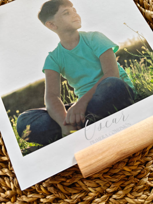 Recordatorio Polaroid con soporte madera, personalizado Comunión COLECCIÓN VERONA