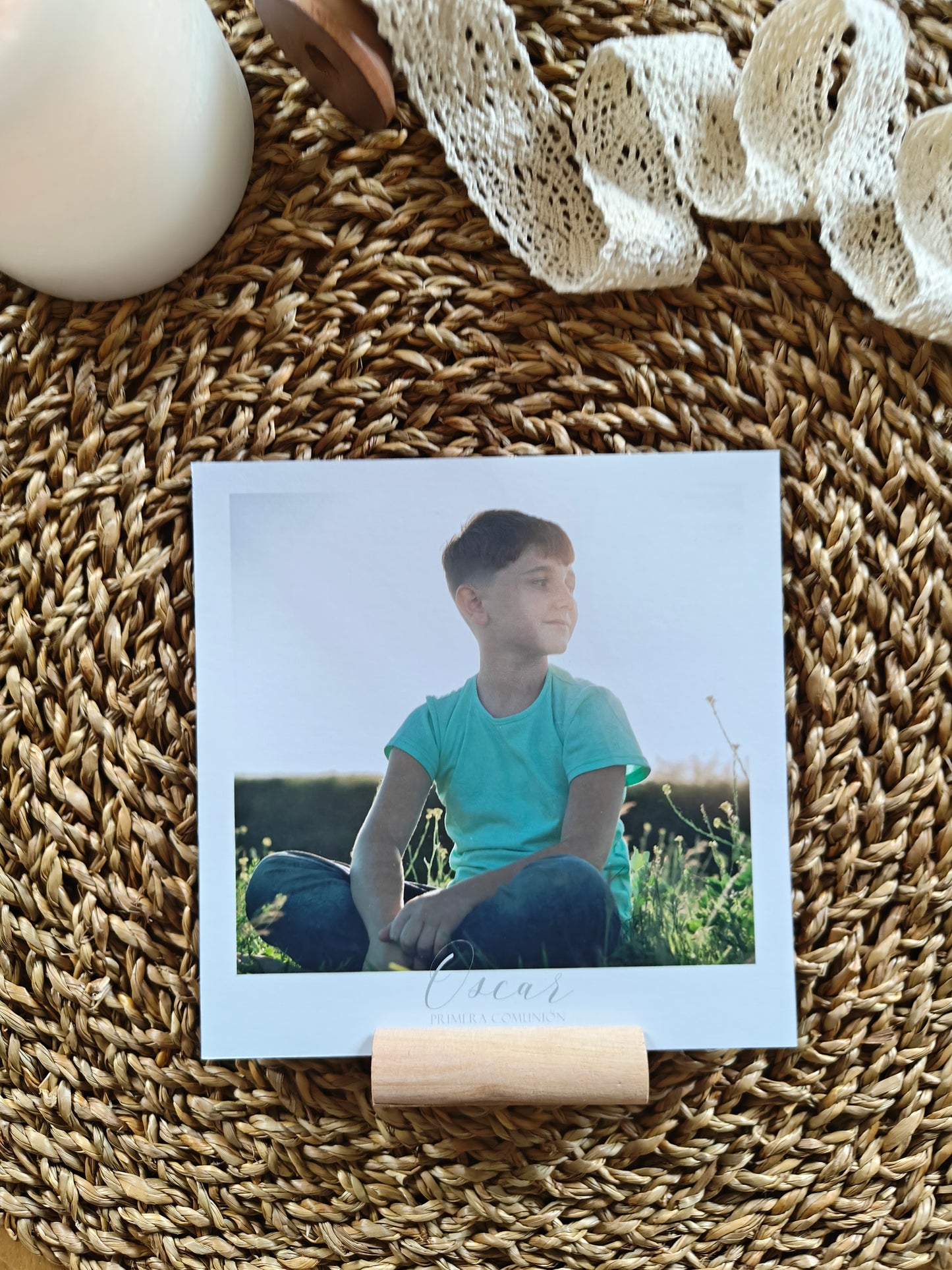 Recordatorio Polaroid con soporte madera, personalizado Comunión COLECCIÓN VERONA
