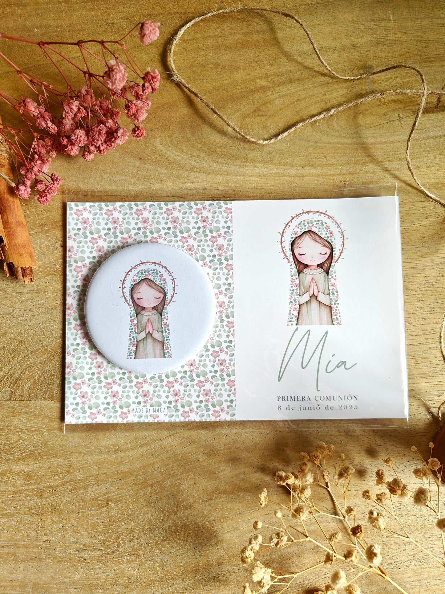 Imán de metal con tarjeta personalizado Comunión COLECCIÓN VIRGENCITA