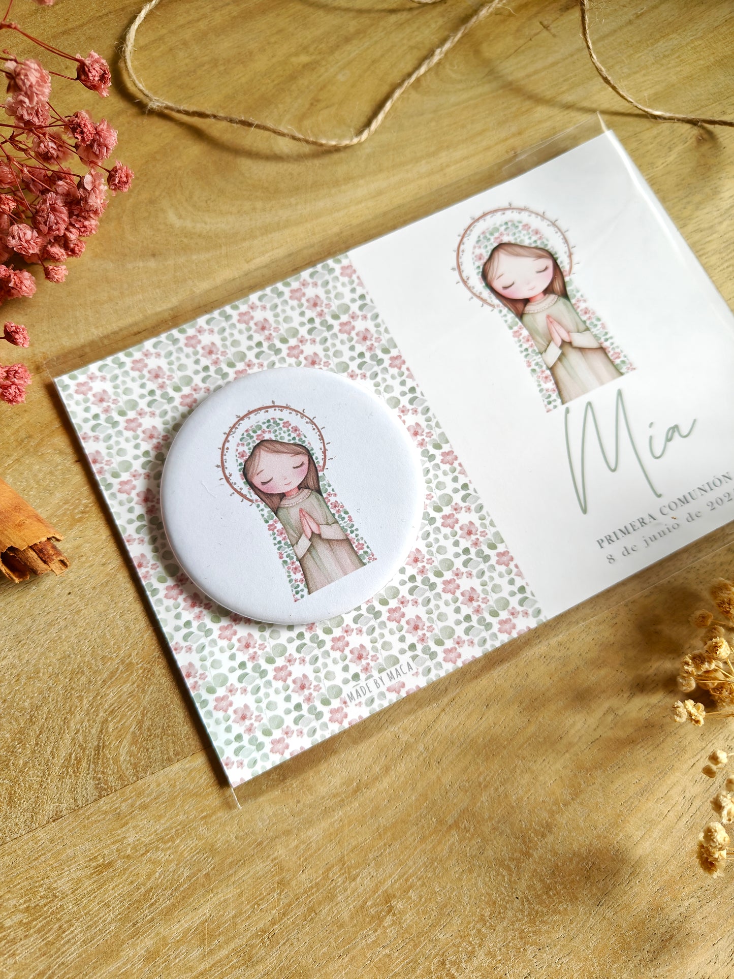 Imán de metal con tarjeta personalizado Comunión COLECCIÓN VIRGENCITA