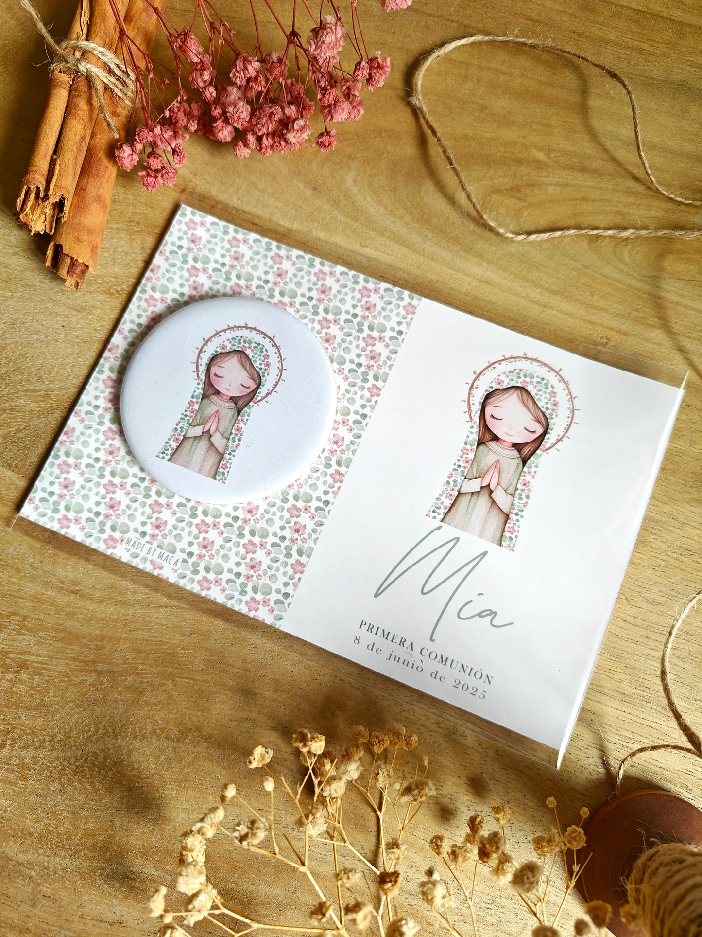 Imán de metal con tarjeta personalizado Comunión COLECCIÓN VIRGENCITA