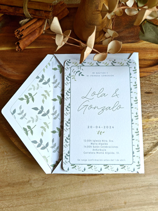 Invitación impresa personalizada Comunión COLECCIÓN HOJITAS
