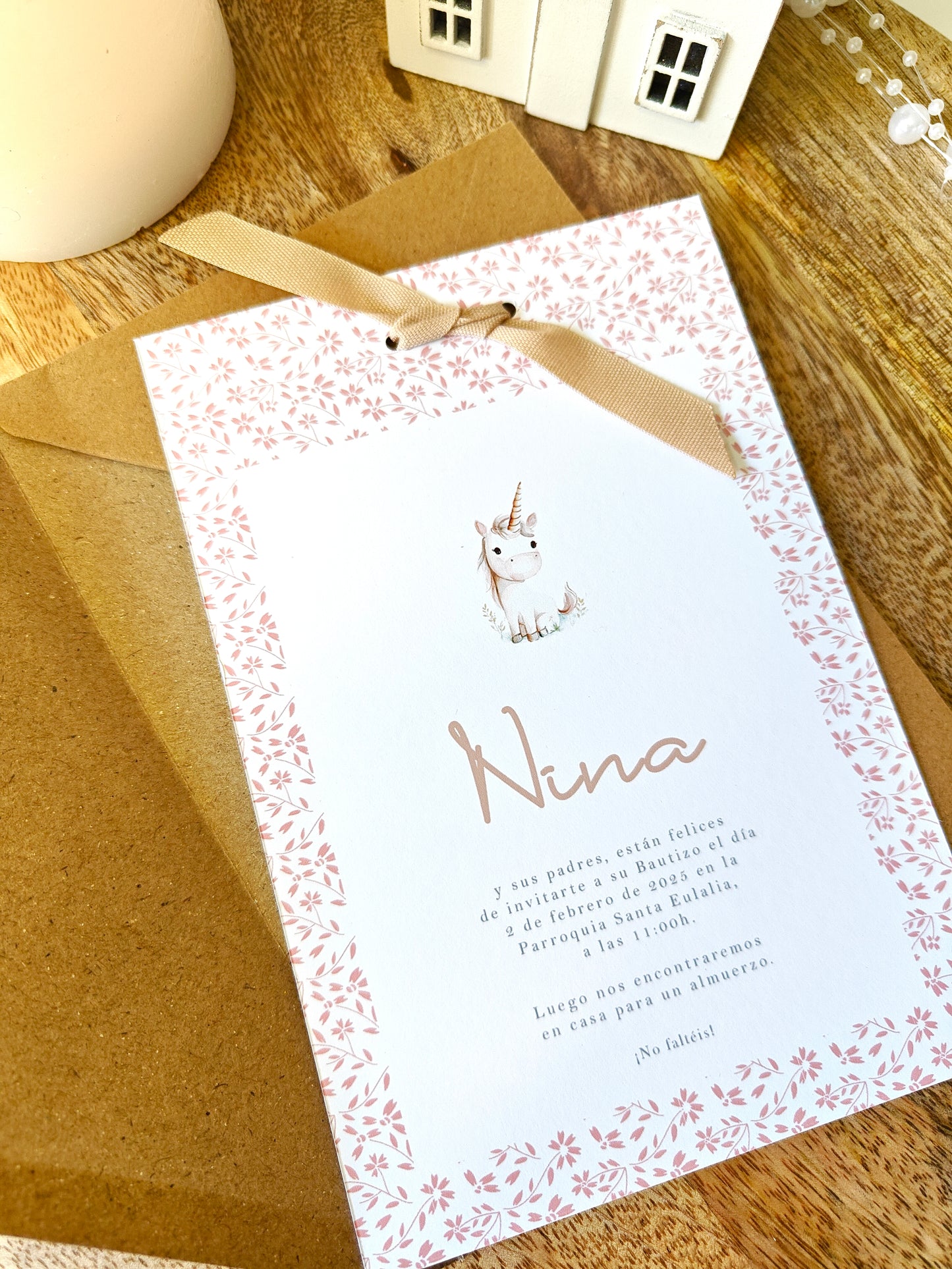 Invitación impresa personalizada Bautizo COLECCIÓN UNICORNIO
