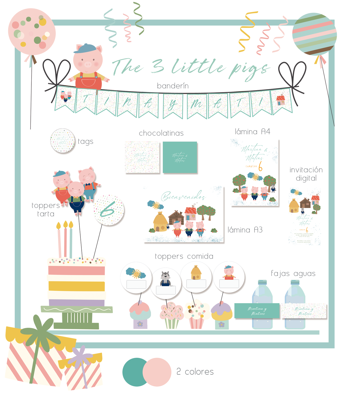 guirnaldas, laminas, topper tarta, invitacion digital etc