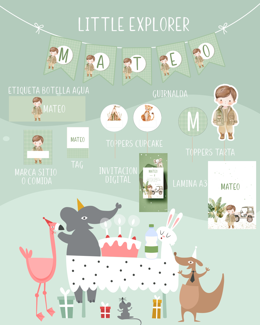 Pack PROMO decoración, papelería y detalles Festejos y cumpleaños LITTLE EXPLORER