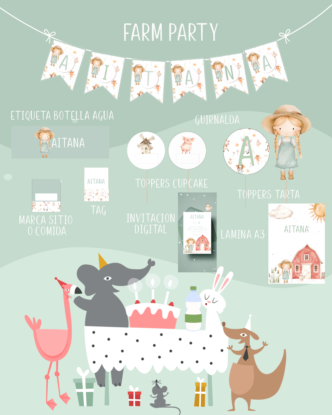 Pack PROMO decoración, papelería y detalles Festejos y cumpleaños FARM PARTY