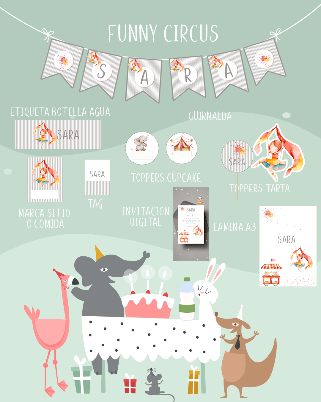 Pack PROMO decoración, papelería y detalles Festejos y cumpleaños FUNNY CIRCUS