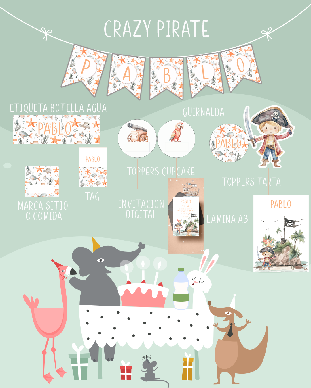Pack PROMO decoración, papelería y detalles Festejos y cumpleaños CRASY PIRATE