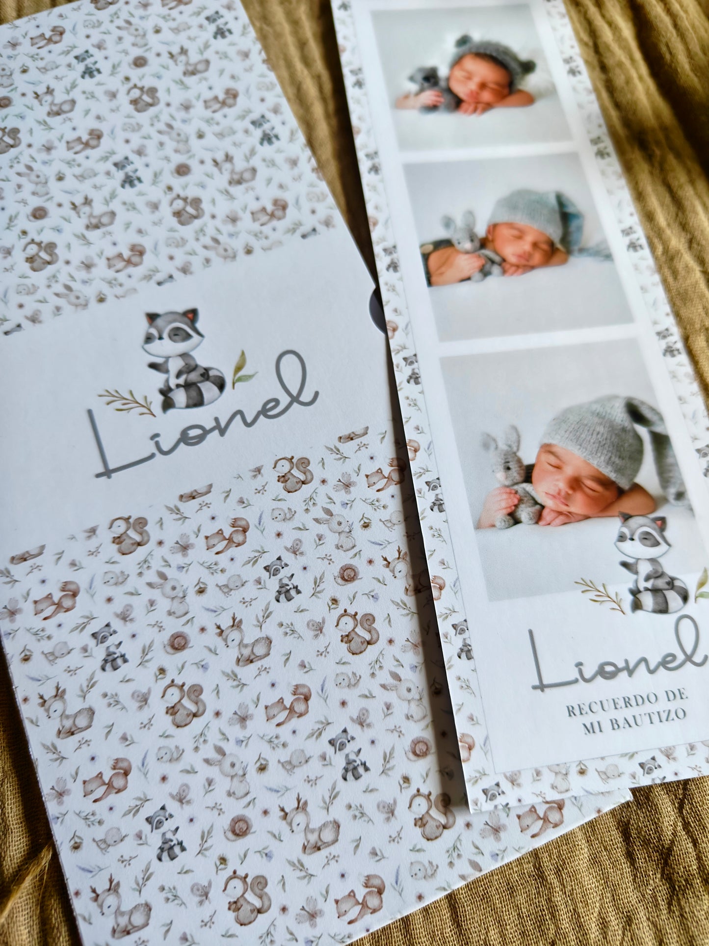 Recordatorio con foto personalizado Bautizo COLECCIÓN WOODLAND