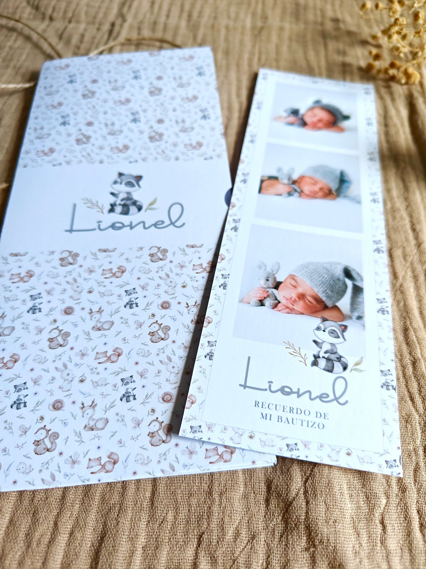 Recordatorio con foto personalizado Bautizo COLECCIÓN WOODLAND