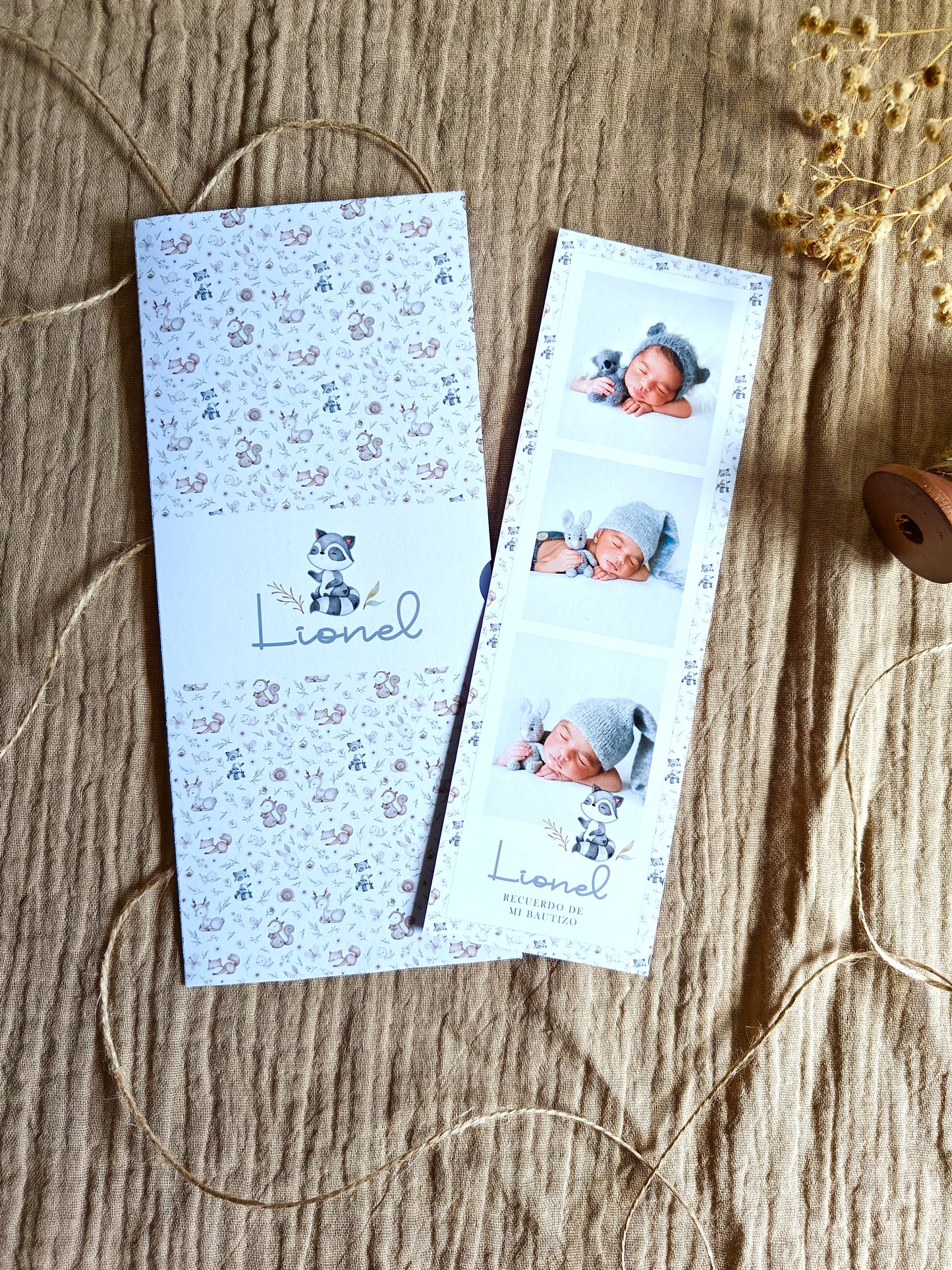 Recordatorio con foto personalizado Bautizo COLECCIÓN WOODLAND