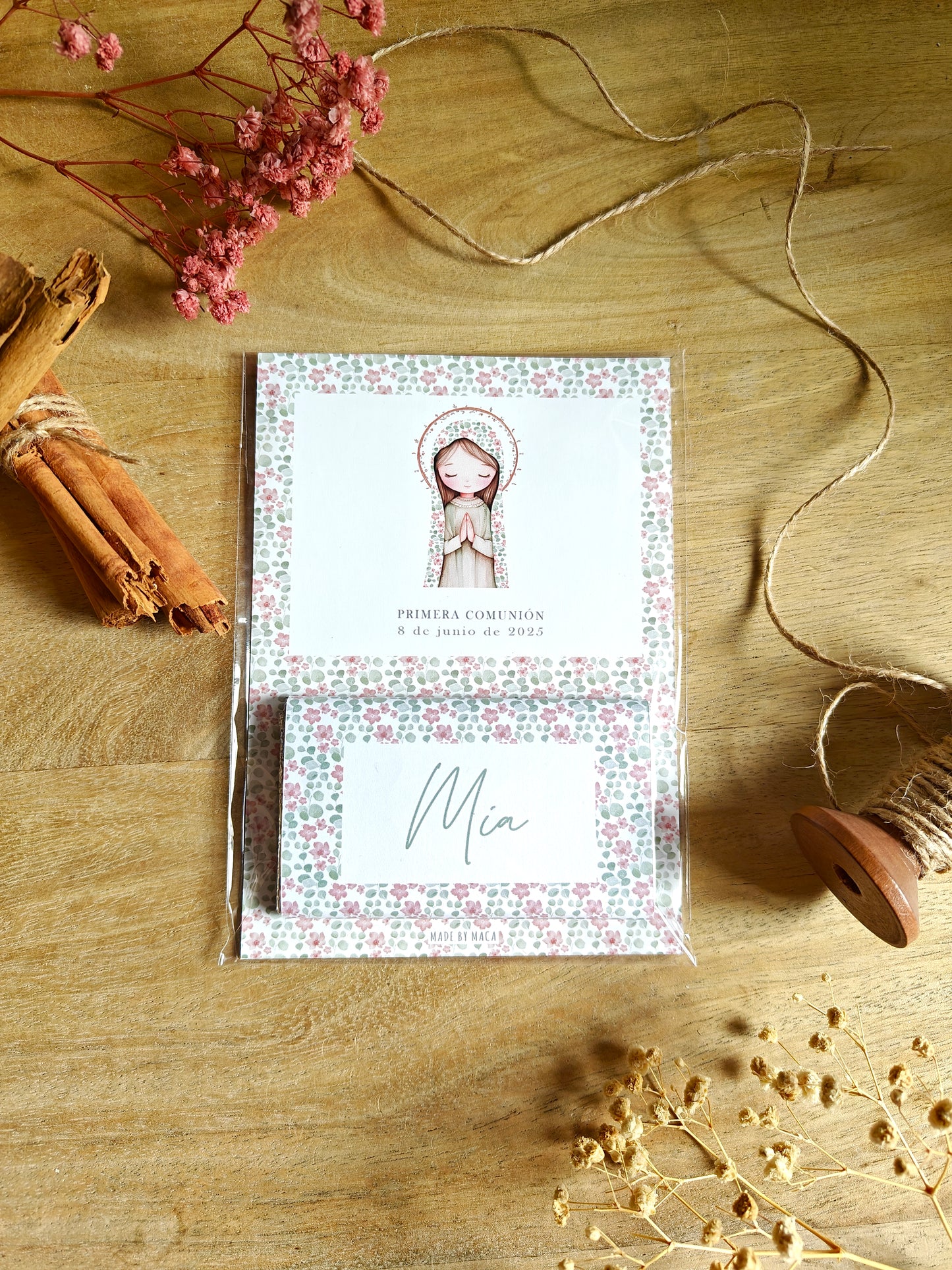 Chocolatina con tarjeta, personalizada 20g. Comunión COLECCION VIRGENCITA