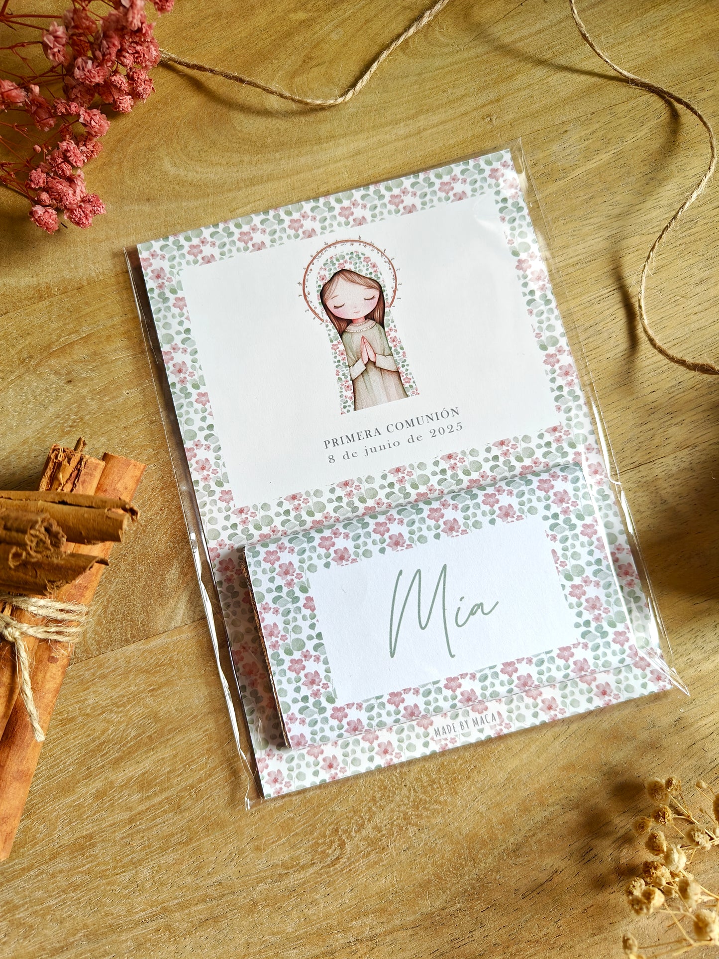 Chocolatina con tarjeta, personalizada 20g. Comunión COLECCION VIRGENCITA