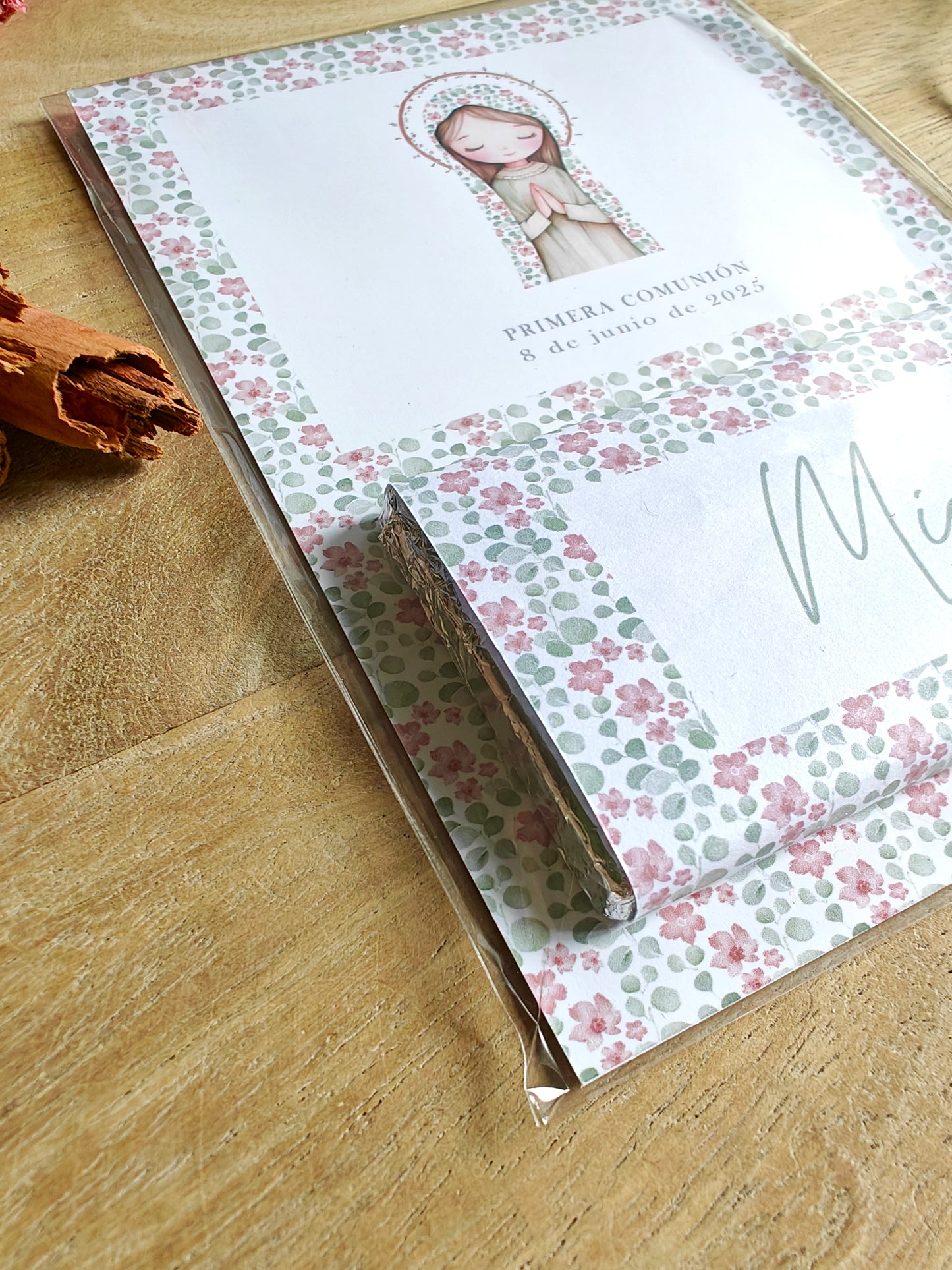 Chocolatina con tarjeta, personalizada 20g. Comunión COLECCION VIRGENCITA