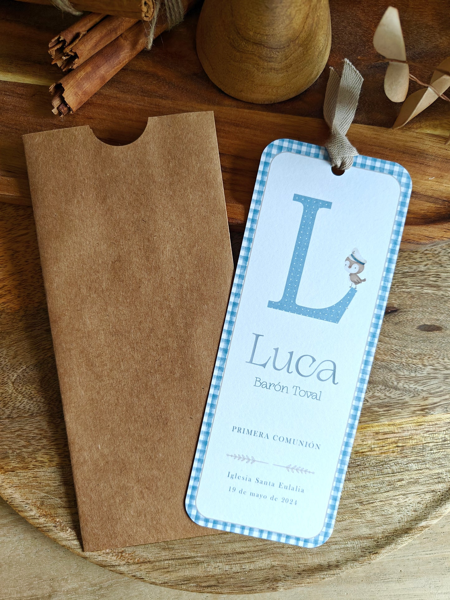 Recordatorio / Punto de libro personalizado Comunión COLECCIÓN INICIAL + Pajarito marinero