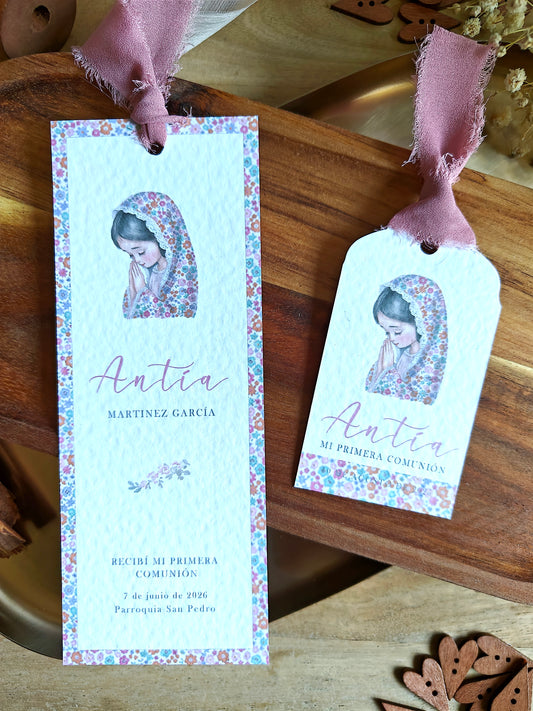 Recordatorio / Punto de libro personalizado Comunión COLECCIÓN VIRGENCITA REZANDO