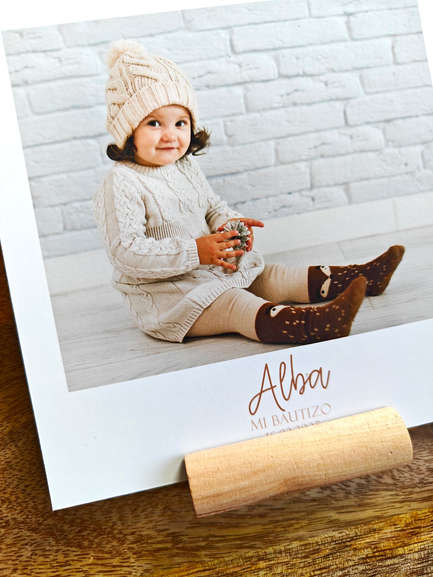 Recordatorio Polaroid con soporte madera, personalizado Bautizo COLECCIÓN MARGARITE