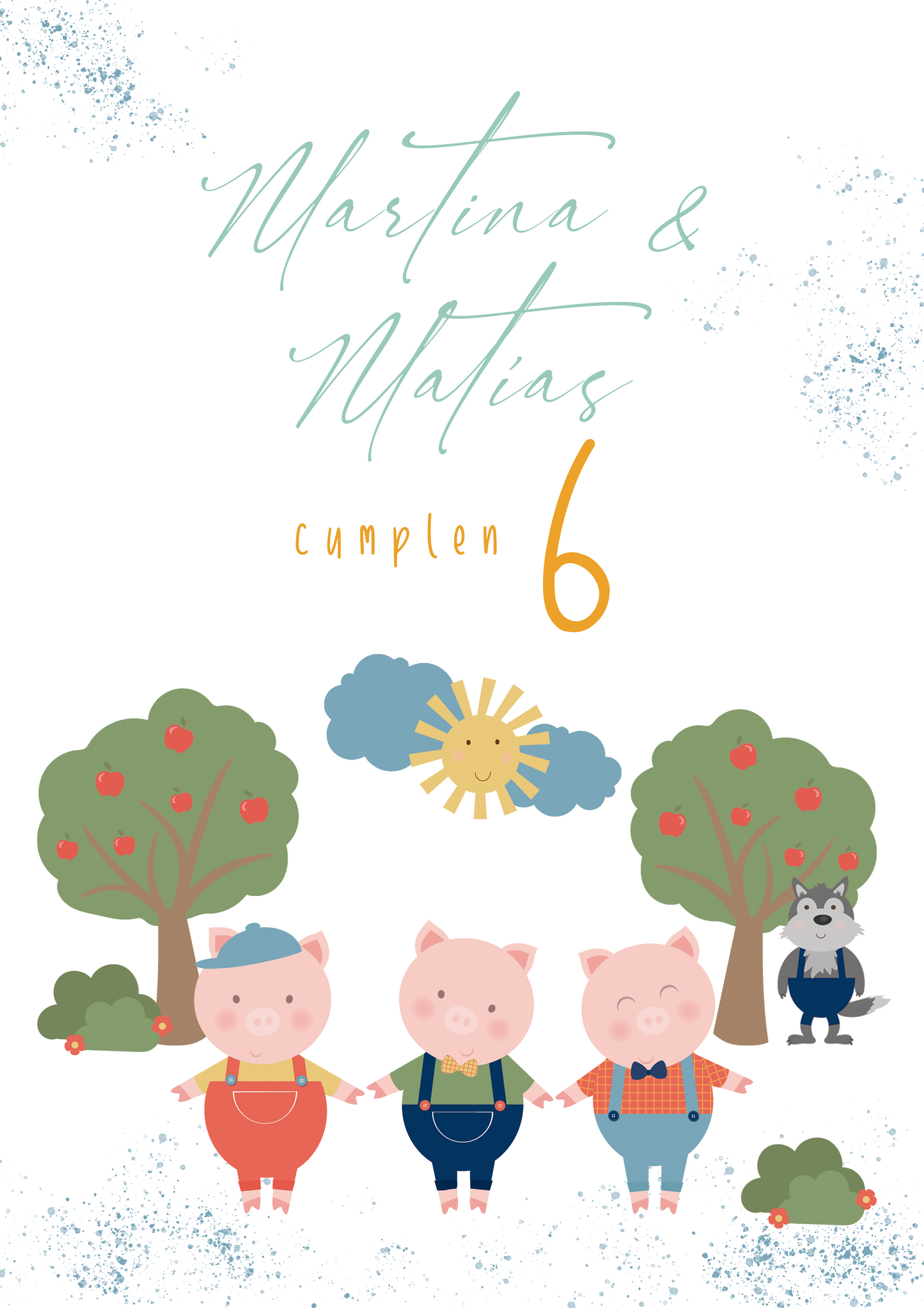 Pack decoración, papelería y detalles (Cuentos clásicos) Festejos y cumpleaños THE 3 LITTLE PIGS (con chocolatina)