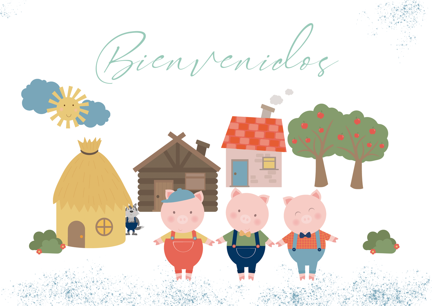 Pack decoración, papelería y detalles (Cuentos clásicos) Festejos y cumpleaños THE 3 LITTLE PIGS (con chocolatina)