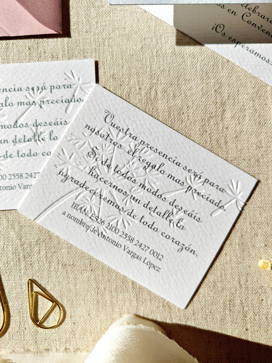 INFO CARD - NÚMERO DE CUENTA PARA REGALO BODAS / COLECCIÓN DIENTE DE LEÓN